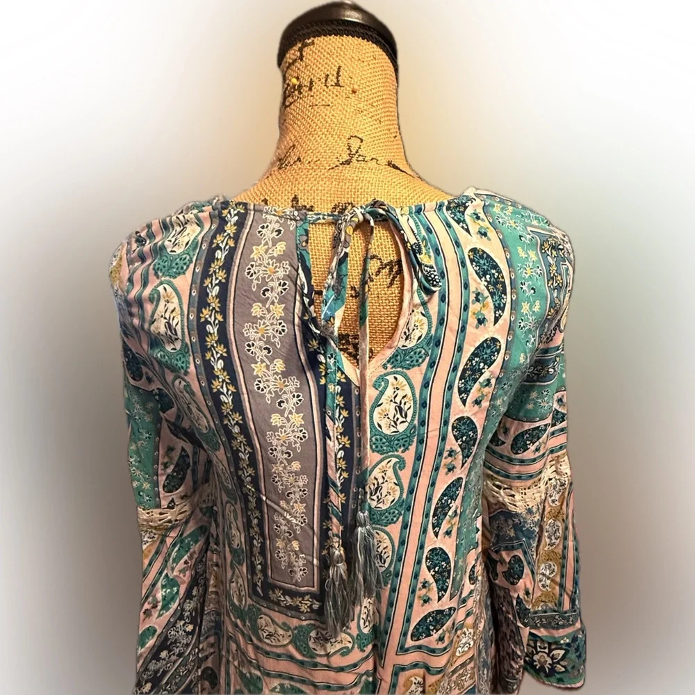 Umgee Boho Dress Size Small Bell Sleeve Paisley PocketsTassel Tie Back Beach - Picture 4 of 15